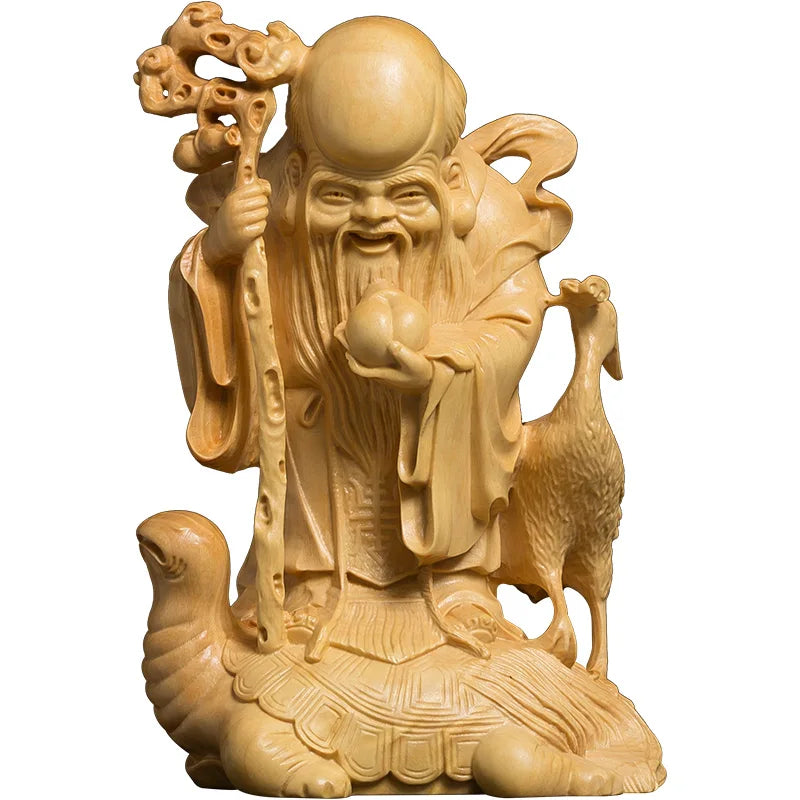 Boxwood Carving Turtle Crane God of Longevity Wood Shou Xing Statue Decoration Birthday Gifts Mythology Sculpture Home Decor