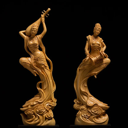 Boxwood Carving Wood Statue Chinese Style Home Figure Sculpture Collection Beauty Decoration Dunhuang Flying Apsaras