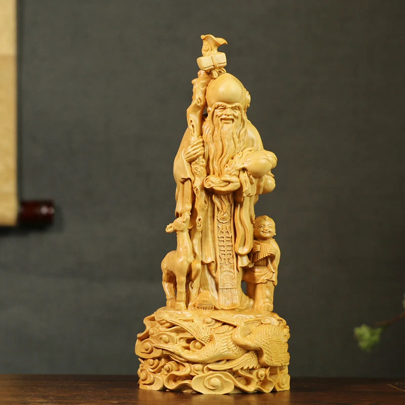 Boxwood Carvings Birthday Gifts Wood Statue Ornaments Craft Longevity Star with Spring Buddha Statue Home Decor Sculpture