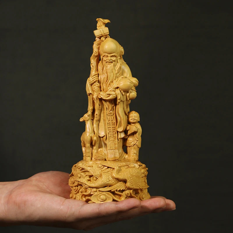 Boxwood Carvings Birthday Gifts Wood Statue Ornaments Craft Longevity Star with Spring Buddha Statue Home Decor Sculpture