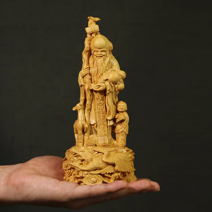 Boxwood Carvings Birthday Gifts Wood Statue Ornaments Craft Longevity Star with Spring Buddha Statue Home Decor Sculpture