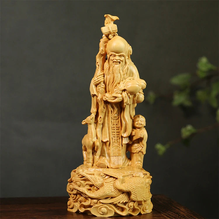 Boxwood Carvings Birthday Gifts Wood Statue Ornaments Craft Longevity Star with Spring Buddha Statue Home Decor Sculpture