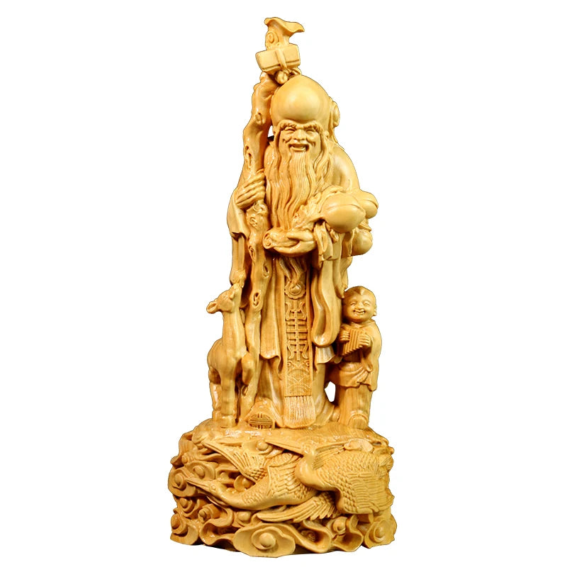 Boxwood Carvings Birthday Gifts Wood Statue Ornaments Craft Longevity Star with Spring Buddha Statue Home Decor Sculpture