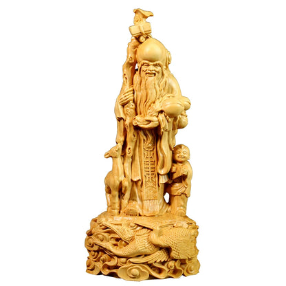 Boxwood Carvings Birthday Gifts Wood Statue Ornaments Craft Longevity Star with Spring Buddha Statue Home Decor Sculpture