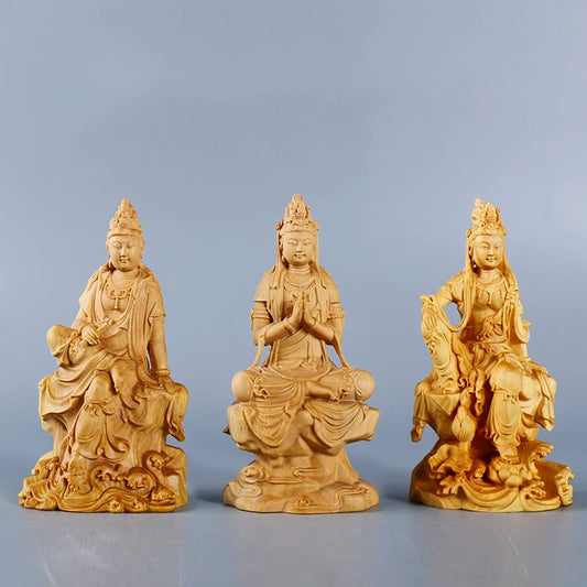 Boxwood Carvings Car Ornaments Decoration Buddha Statue Worship Sculpture Craft Culture Collection Wood Guanyin Home Decor