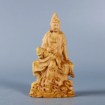 Boxwood Carvings Car Ornaments Decoration Buddha Statue Worship Sculpture Craft Culture Collection Wood Guanyin Home Decor
