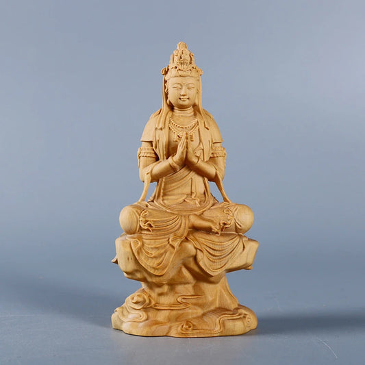 Boxwood Carvings Car Ornaments Decoration Buddha Statue Worship Sculpture Craft Culture Collection Wood Guanyin Home Decor