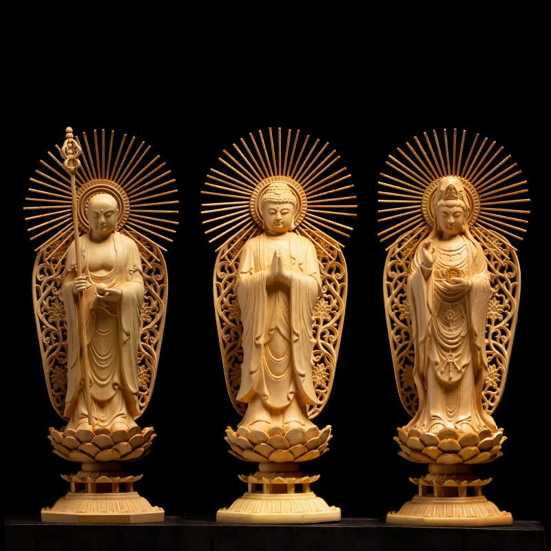 Boxwood Carvings Three Buddha Statue 27CM Solid Wood Guanyin Sculpture Living Room Decoration Home Decor