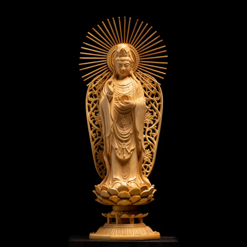 Boxwood Carvings Three Buddha Statue 27CM Solid Wood Guanyin Sculpture Living Room Decoration Home Decor