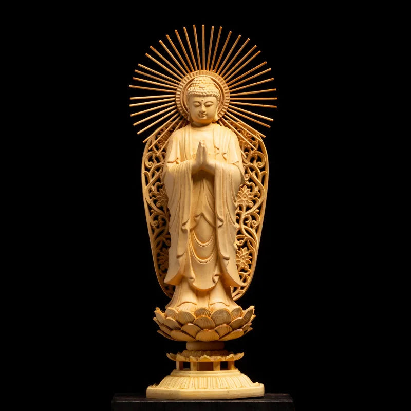 Boxwood Carvings Three Buddha Statue 27CM Solid Wood Guanyin Sculpture Living Room Decoration Home Decor