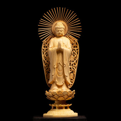 Boxwood Carvings Three Buddha Statue 27CM Solid Wood Guanyin Sculpture Living Room Decoration Home Decor
