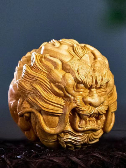 Boxwood Cliff Cypress Pi Xiu Dragon and Phoenix Ball Solid Wood Carving Fortune Hand Put Piece Ornaments Home Accessories