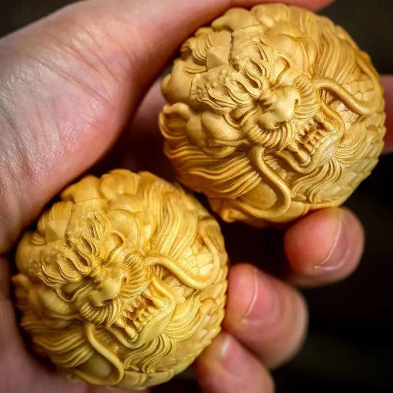 Boxwood Cliff Cypress Pi Xiu Dragon and Phoenix Ball Solid Wood Carving Fortune Hand Put Piece Ornaments Home Accessories
