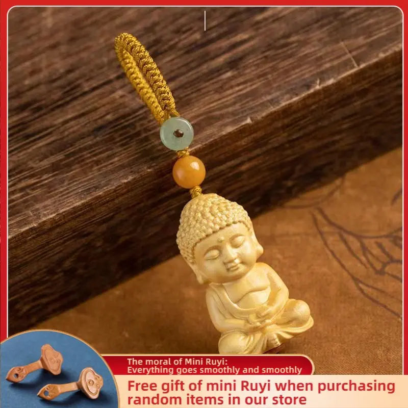 Boxwood Cliff Cypress Wood Bless with Safeness Buddha Carved Amass Fortunes Sculpture Modern Art Home Accessories Car Pendant