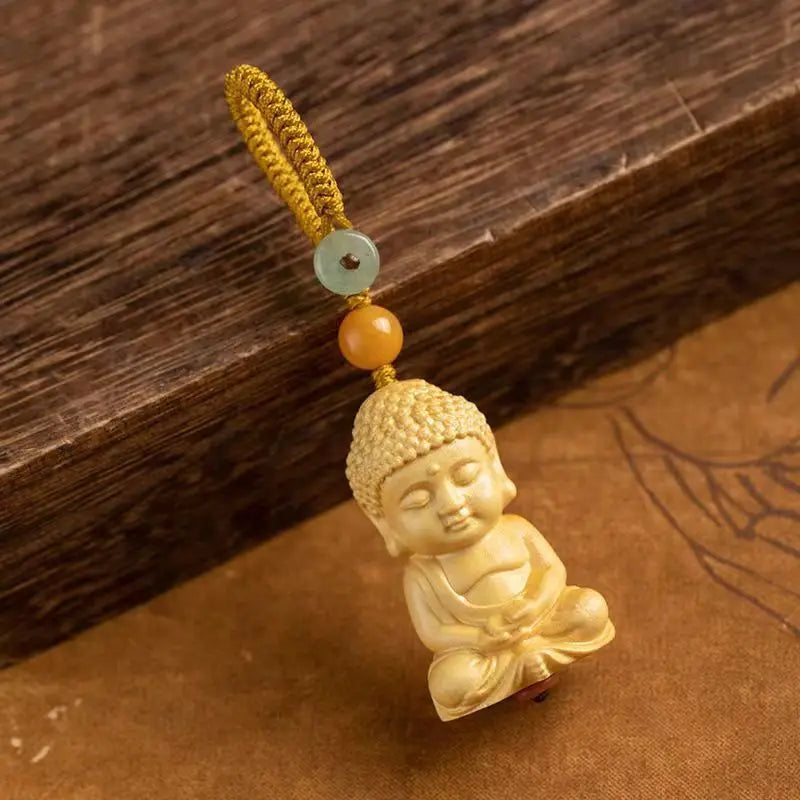 Boxwood Cliff Cypress Wood Bless with Safeness Buddha Carved Amass Fortunes Sculpture Modern Art Home Accessories Car Pendant