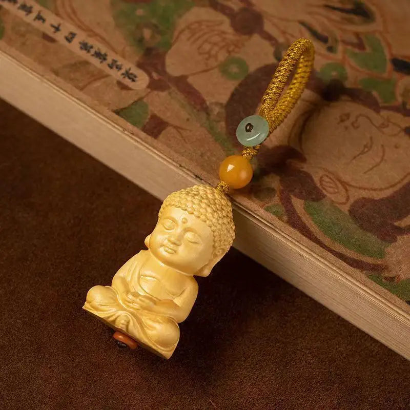 Boxwood Cliff Cypress Wood Bless with Safeness Buddha Carved Amass Fortunes Sculpture Modern Art Home Accessories Car Pendant
