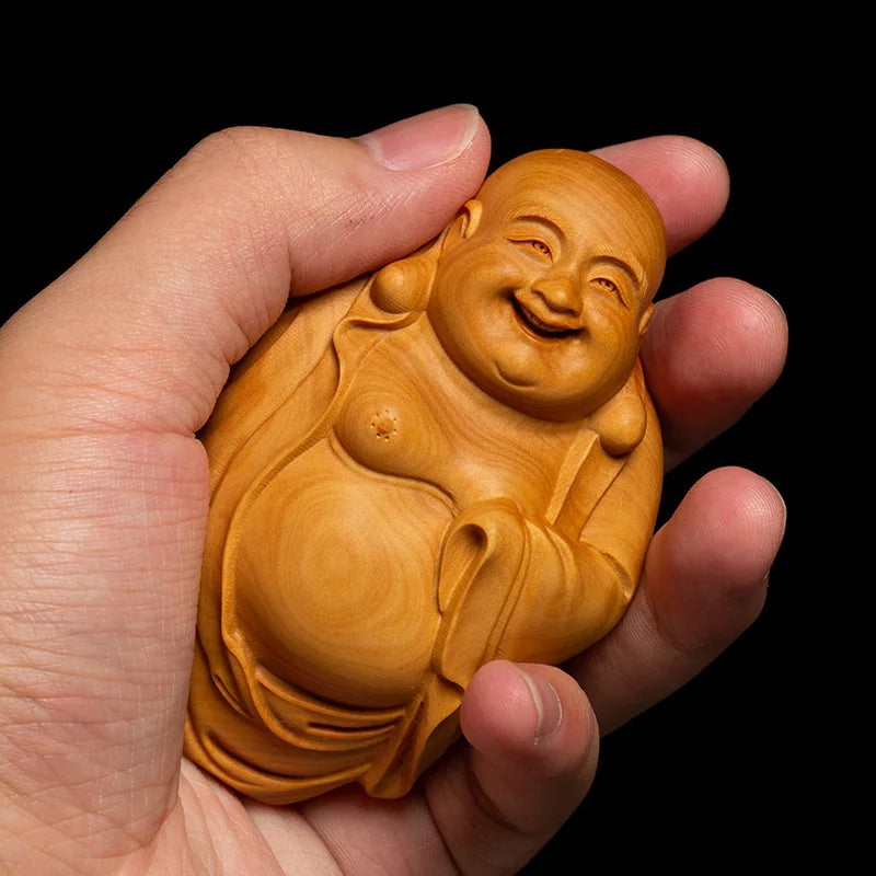 Boxwood Handle Belly Maitreya Buddha Handicrafts Car Chinese Living Room Wood Statue Laughing Buddha Pendant Home Decor