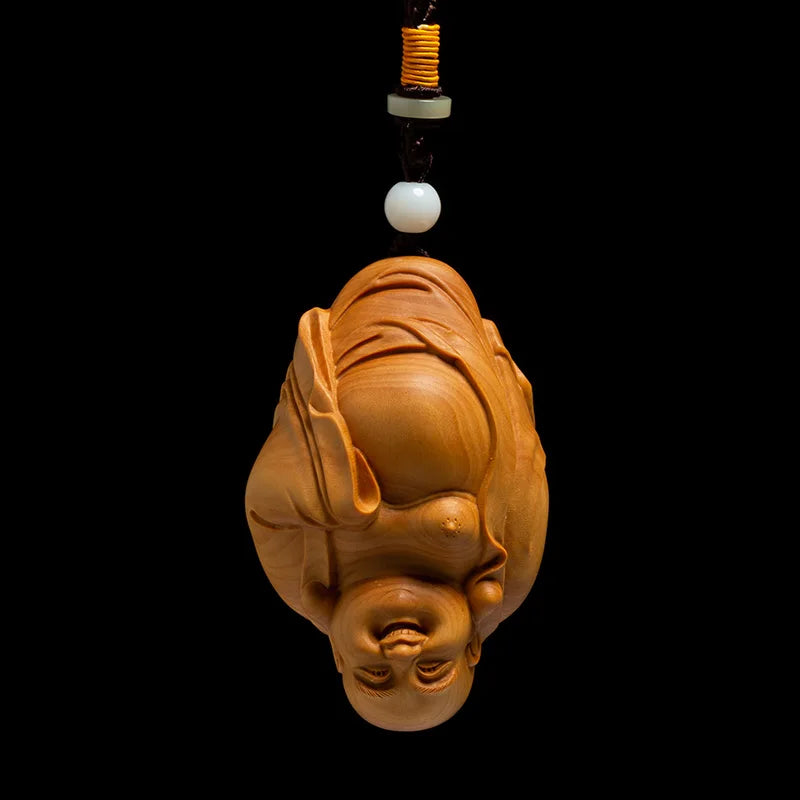 Boxwood Handle Belly Maitreya Buddha Handicrafts Car Chinese Living Room Wood Statue Laughing Buddha Pendant Home Decor