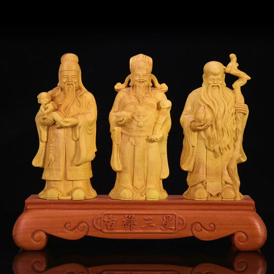 Boxwood Home Buddha Statue 20cm Fu Lu Shou Three-star Wood Carving Ornaments Birthday Gifts Retirement Gift Chinese New Year