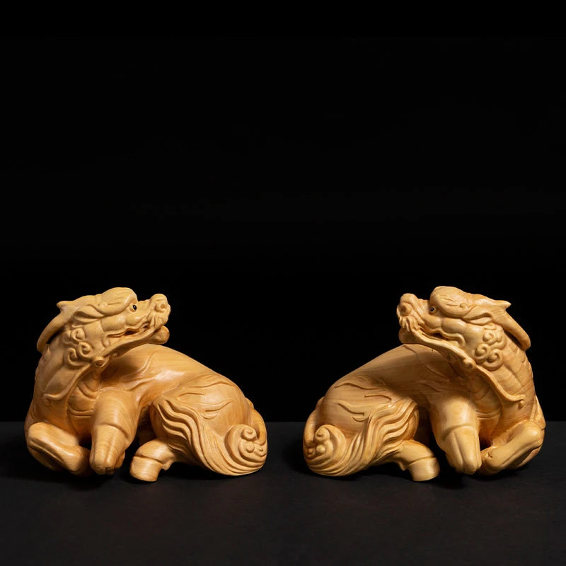 Boxwood Living Room Decoration Feng Shui Fortune Real Wood Kirin Sculpture Handicrafts Pixiu Wood Statue Home Decor