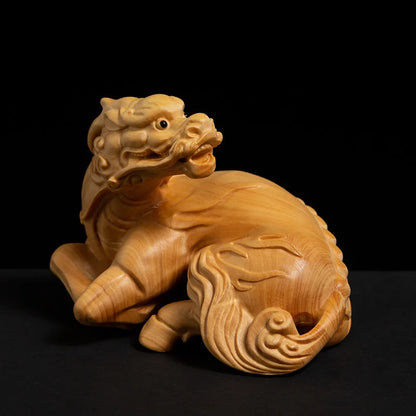 Boxwood Living Room Decoration Feng Shui Fortune Real Wood Kirin Sculpture Handicrafts Pixiu Wood Statue Home Decor