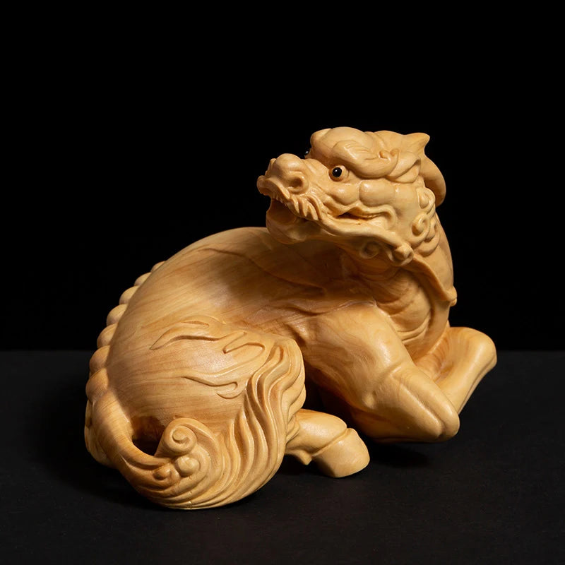 Boxwood Living Room Decoration Feng Shui Fortune Real Wood Kirin Sculpture Handicrafts Pixiu Wood Statue Home Decor