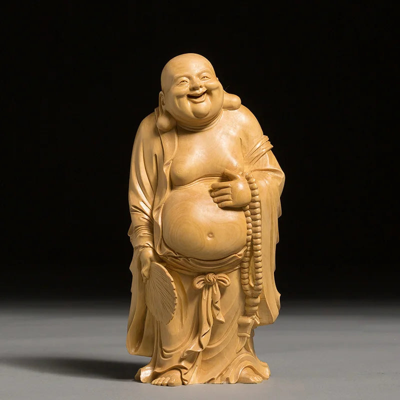 Boxwood Maitreya Mythology Buddha Statue Laughing Buddha with Fan Sculpture Gift Living Room Home Decor