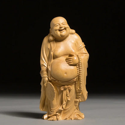 Boxwood Maitreya Mythology Buddha Statue Laughing Buddha with Fan Sculpture Gift Living Room Home Decor