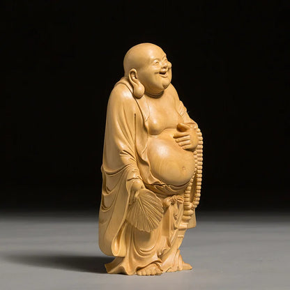 Boxwood Maitreya Mythology Buddha Statue Laughing Buddha with Fan Sculpture Gift Living Room Home Decor