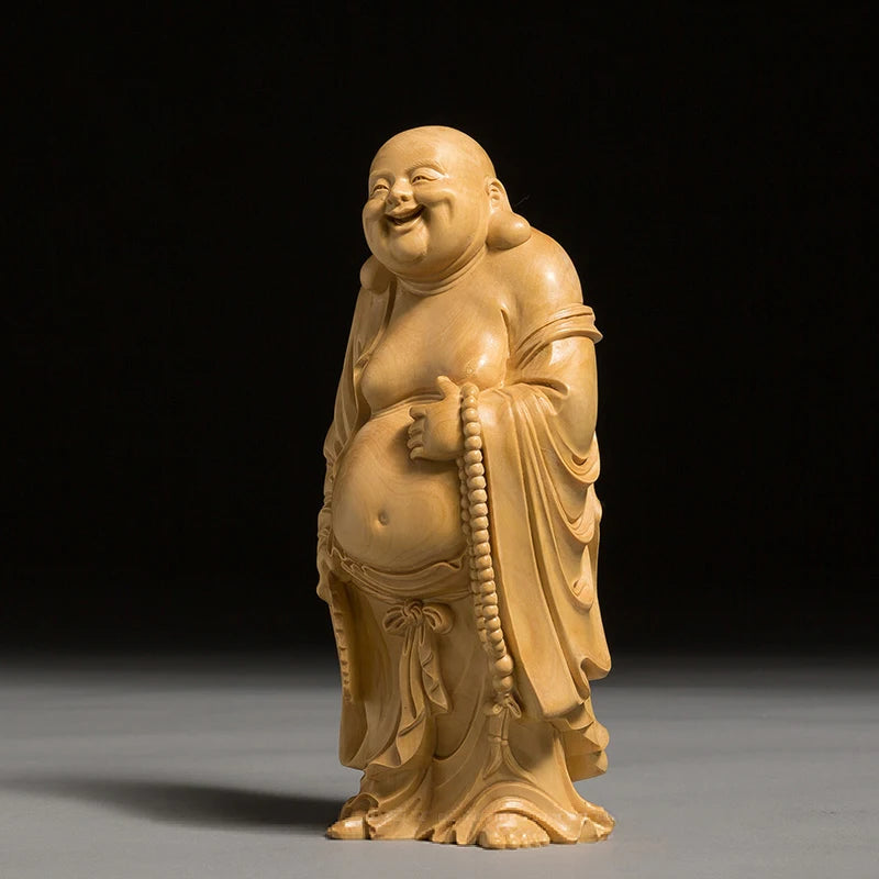 Boxwood Maitreya Mythology Buddha Statue Laughing Buddha with Fan Sculpture Gift Living Room Home Decor