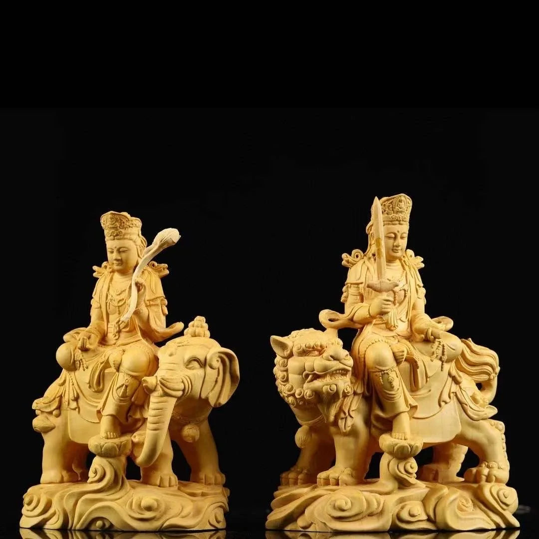Boxwood Ornament Manjusri Samantabhadra Bodhisattva Statues Art Sculpture Decor Statue Living Room Crafts