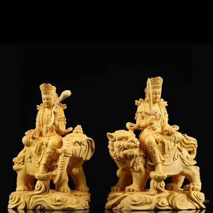 Boxwood Ornament Manjusri Samantabhadra Bodhisattva Statues Art Sculpture Decor Statue Living Room Crafts