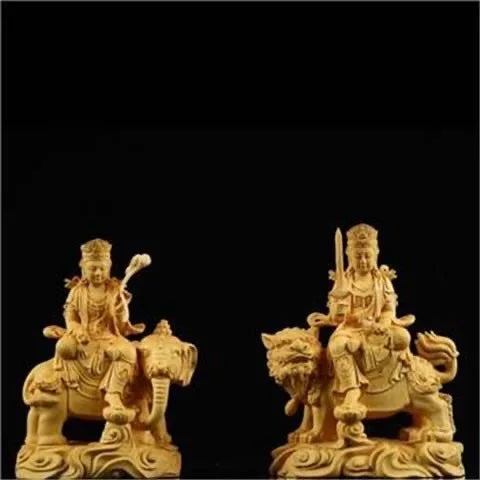 Boxwood Ornament Manjusri Samantabhadra Bodhisattva Statues Art Sculpture Decor Statue Living Room Crafts