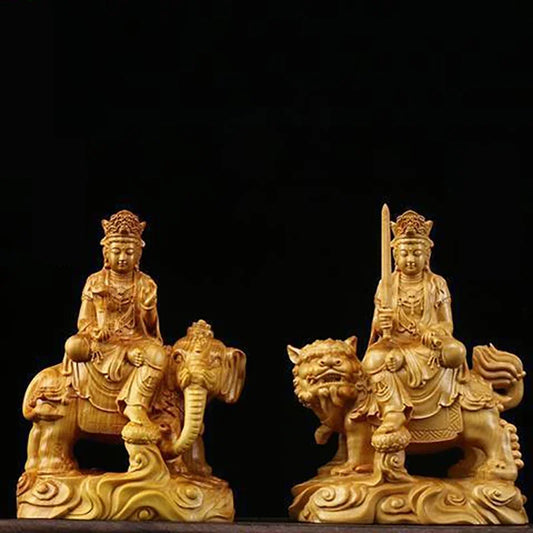 Boxwood Ornament Manjusri Samantabhadra Bodhisattva Statues Art Sculpture Decor Statue Living Room Crafts