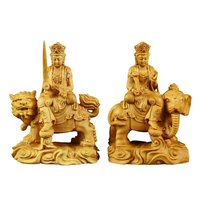 Boxwood Ornament Manjusri Samantabhadra Bodhisattva Statues Art Sculpture Decor Statue Living Room Crafts