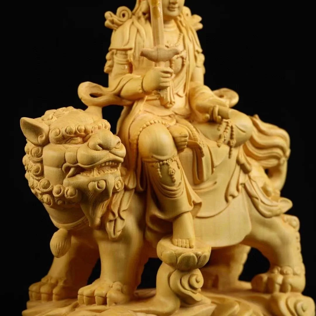 Boxwood Ornament Manjusri Samantabhadra Bodhisattva Statues Art Sculpture Decor Statue Living Room Crafts