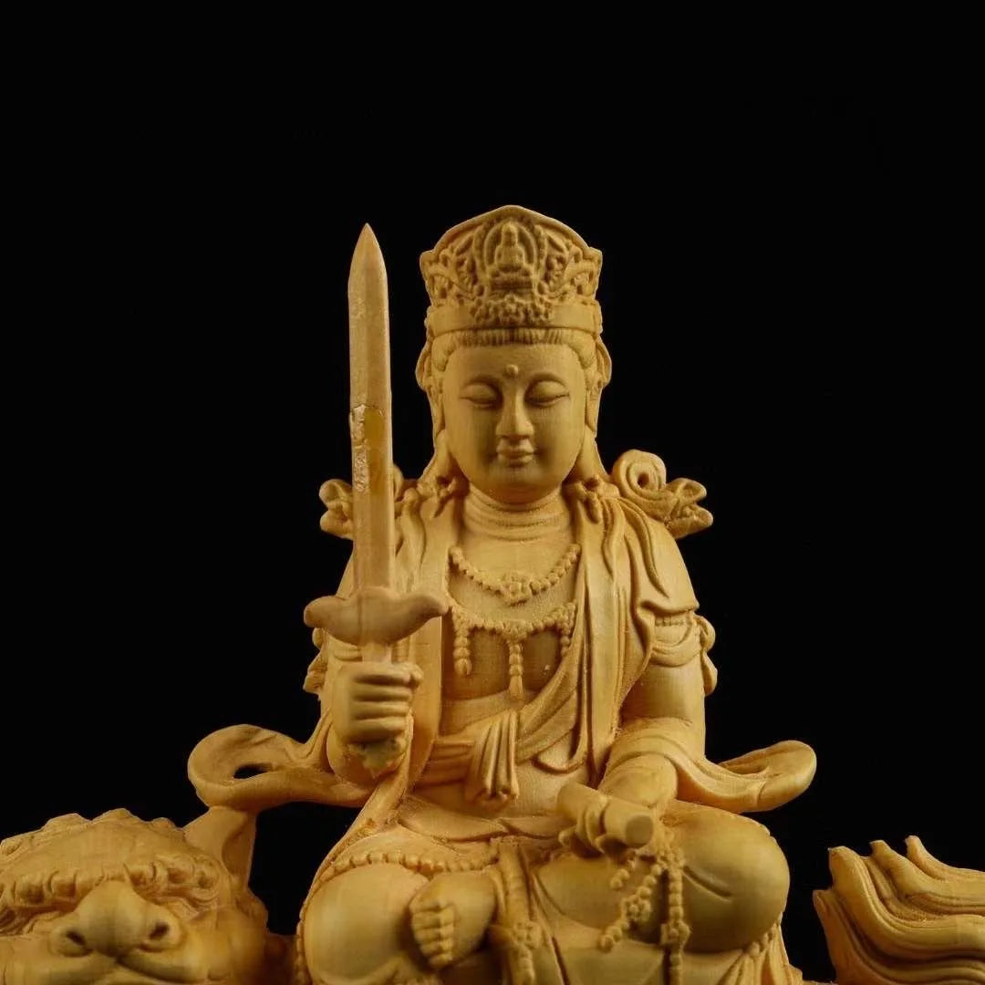 Boxwood Ornament Manjusri Samantabhadra Bodhisattva Statues Art Sculpture Decor Statue Living Room Crafts
