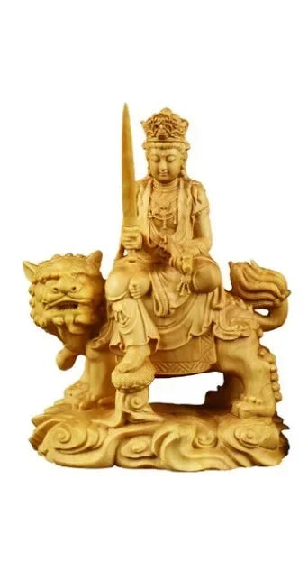 Boxwood Ornament Manjusri Samantabhadra Bodhisattva Statues Art Sculpture Decor Statue Living Room Crafts