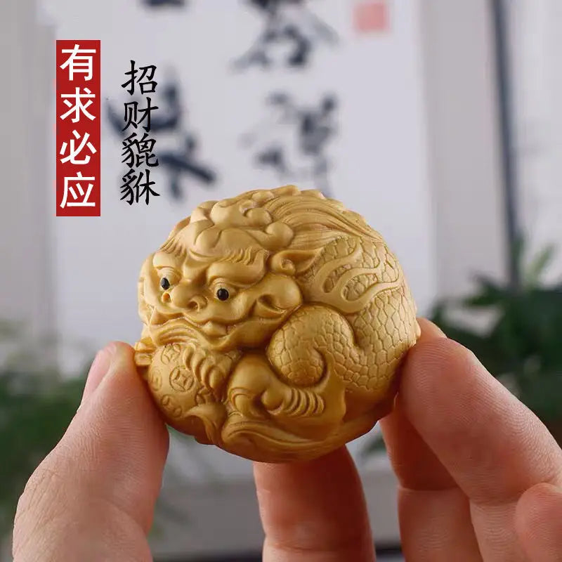 Boxwood Pixiu Handle Pieces for Men's Play with All You Need, Solid Wood, Wenwan Pan Crafts, Small Ornaments, Wood Statues Sculp