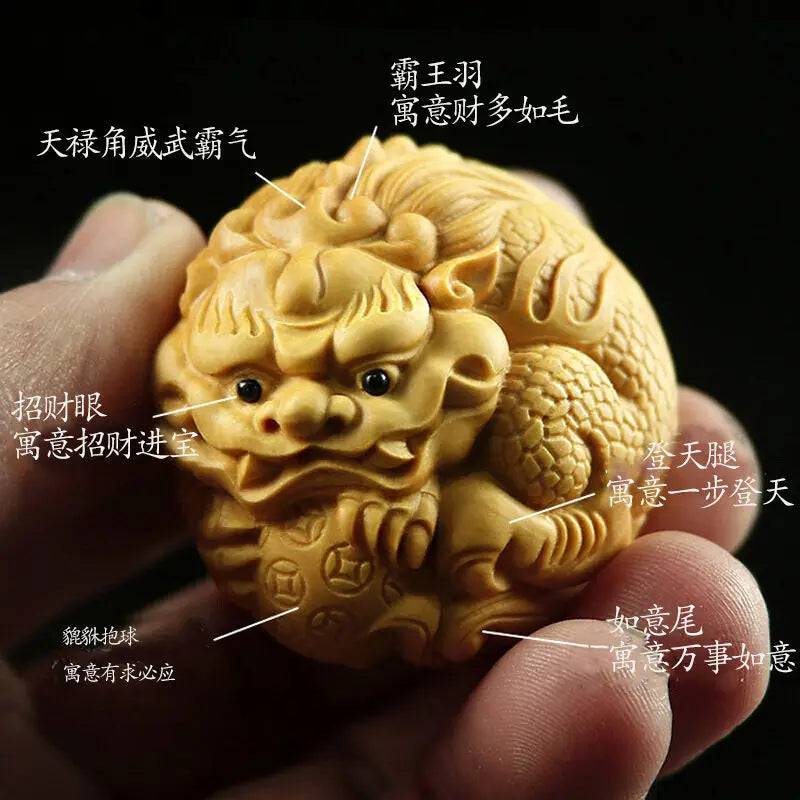 Boxwood Pixiu Handle Pieces for Men's Play with All You Need, Solid Wood, Wenwan Pan Crafts, Small Ornaments, Wood Statues Sculp