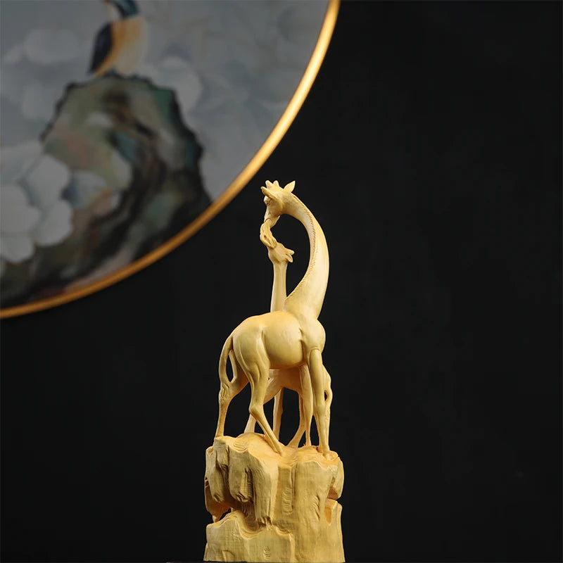 Boxwood Real Wood Real Wood Animal Sculpture Home Décor Wood Statue Collection Office Decoration Giraffe Mother and child love M