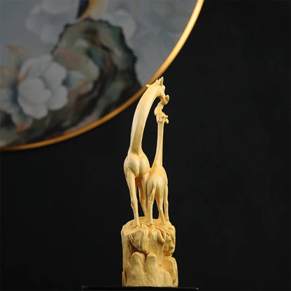 Boxwood Real Wood Real Wood Animal Sculpture Home Décor Wood Statue Collection Office Decoration Giraffe Mother and child love M