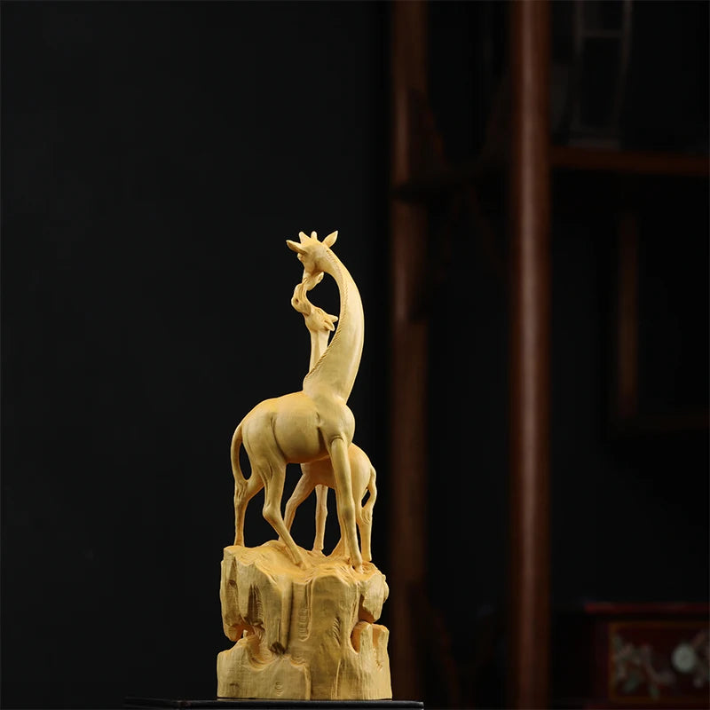 Boxwood Real Wood Real Wood Animal Sculpture Home Décor Wood Statue Collection Office Decoration Giraffe Mother and child love M