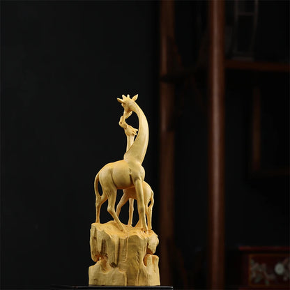 Boxwood Real Wood Real Wood Animal Sculpture Home Décor Wood Statue Collection Office Decoration Giraffe Mother and child love M