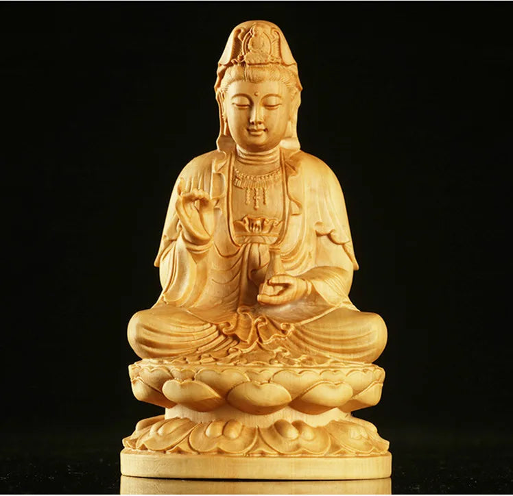 Boxwood/Thuja Wood 9/12cm Sitting Lotus Guanyin Real Wood Traditional Chinese Myth Figure Statue Office Decoration Sculpture