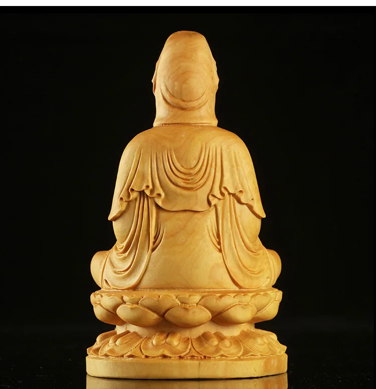 Boxwood/Thuja Wood 9/12cm Sitting Lotus Guanyin Real Wood Traditional Chinese Myth Figure Statue Office Decoration Sculpture
