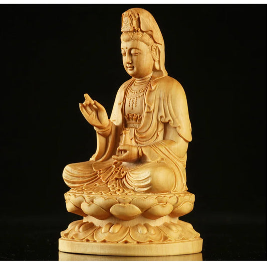 Boxwood/Thuja Wood 9/12cm Sitting Lotus Guanyin Real Wood Traditional Chinese Myth Figure Statue Office Decoration Sculpture