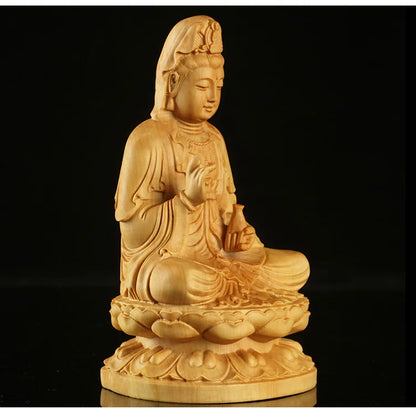 Boxwood/Thuja Wood 9/12cm Sitting Lotus Guanyin Real Wood Traditional Chinese Myth Figure Statue Office Decoration Sculpture