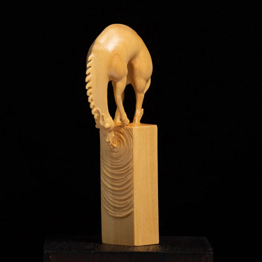Boxwood Wood 10cm Horse Seal Sculpture Lucky Animal Zodiac Animal Stamp Wood Statue Horse Drinking Water Home Decor