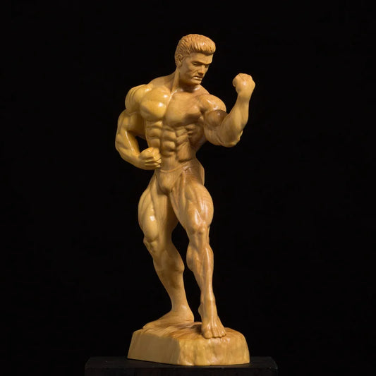 Boxwood Wood Carving Living Room Decoration Figures Sculpture Crafts Bodybuilding Muscle Male Statue Home Decor